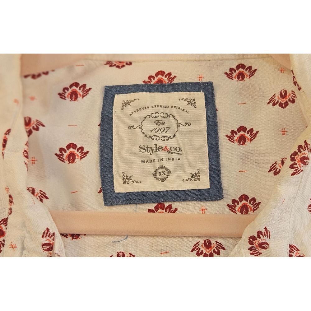 Style & Co Women L Mixed Print Rayon Button Shirt Floral Paisley Boho Rust Cream - Picture 3 of 6